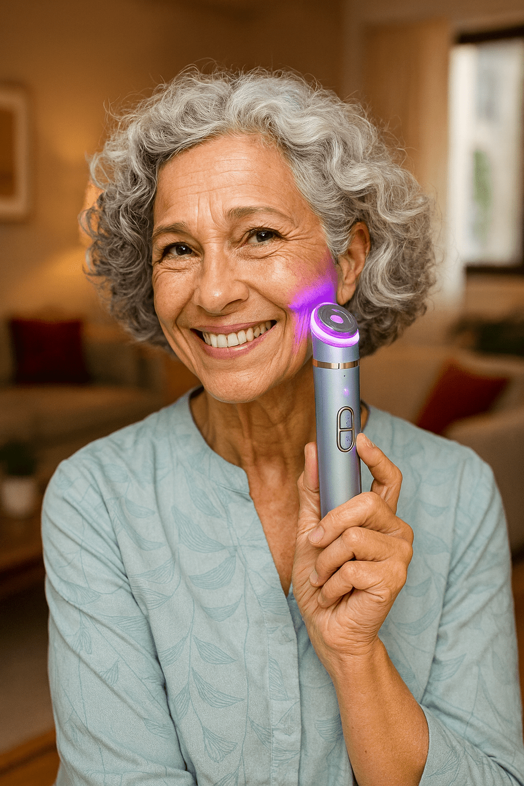 Femme utilisant un appareil de soin du visage à LED violette