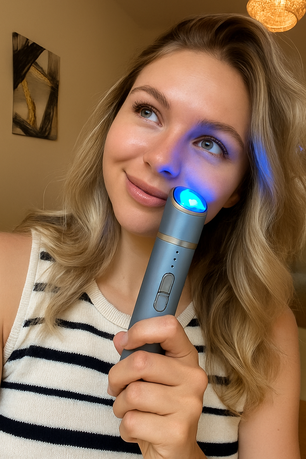 Femme utilisant un appareil de soin du visage à LED bleue